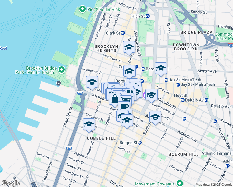 map of restaurants, bars, coffee shops, grocery stores, and more near 176 Clinton Street in Brooklyn