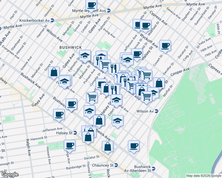map of restaurants, bars, coffee shops, grocery stores, and more near 201 Weirfield Street in Brooklyn