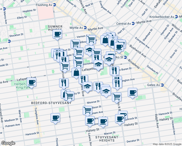 map of restaurants, bars, coffee shops, grocery stores, and more near 309 Van Buren Street in Brooklyn