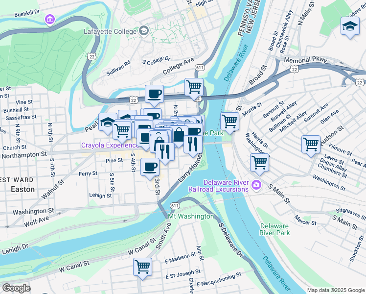 map of restaurants, bars, coffee shops, grocery stores, and more near 156 Northampton Street in Easton