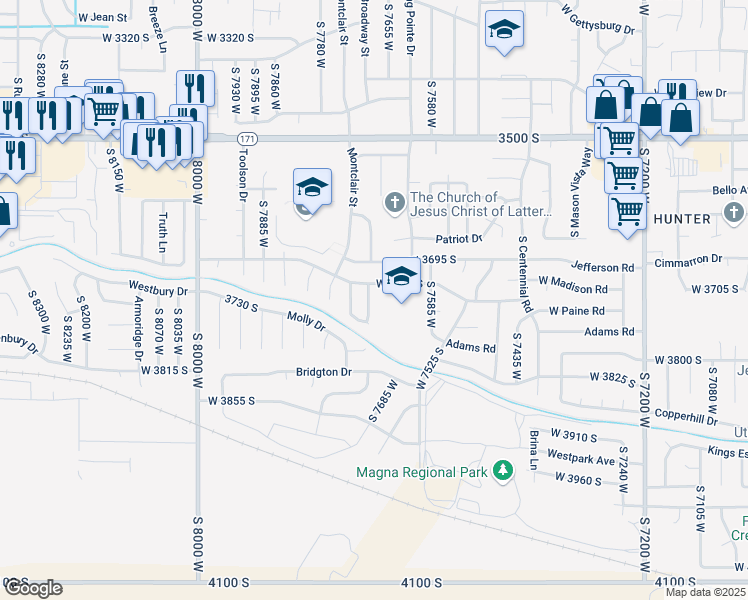 map of restaurants, bars, coffee shops, grocery stores, and more near 3737 South Washington Drive in Magna