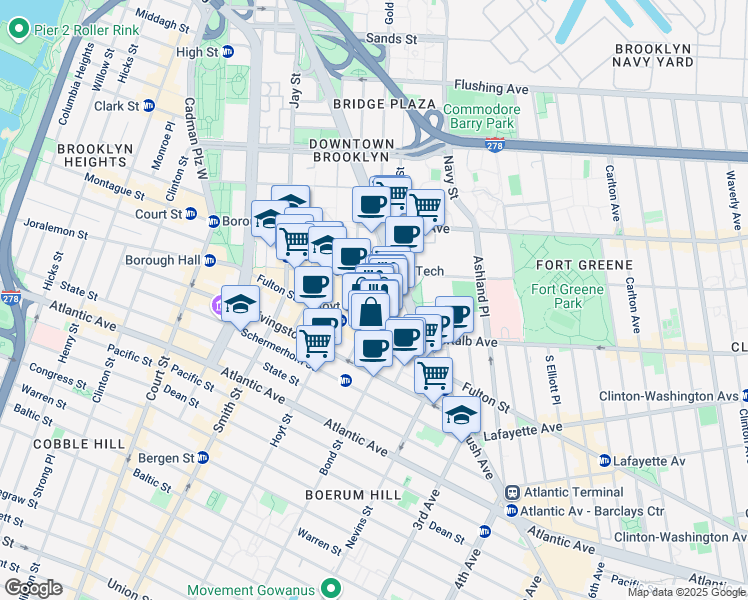 map of restaurants, bars, coffee shops, grocery stores, and more near 420 Albee Square West in Brooklyn