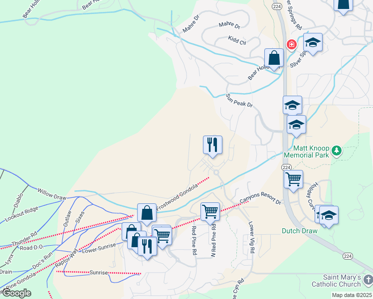 map of restaurants, bars, coffee shops, grocery stores, and more near 4070 Willow Draw Road in Park City