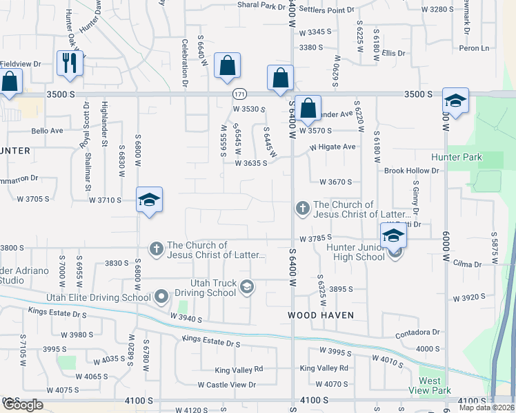 map of restaurants, bars, coffee shops, grocery stores, and more near 6487 Newton Farm Drive in West Valley City