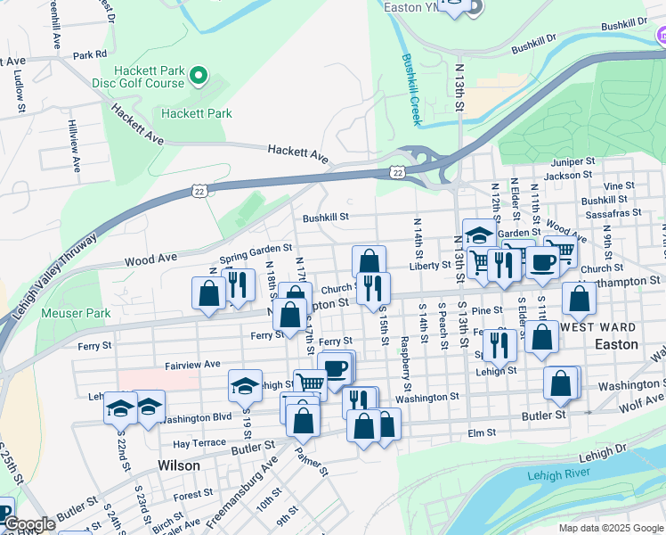 map of restaurants, bars, coffee shops, grocery stores, and more near 1601 Liberty Street in Easton