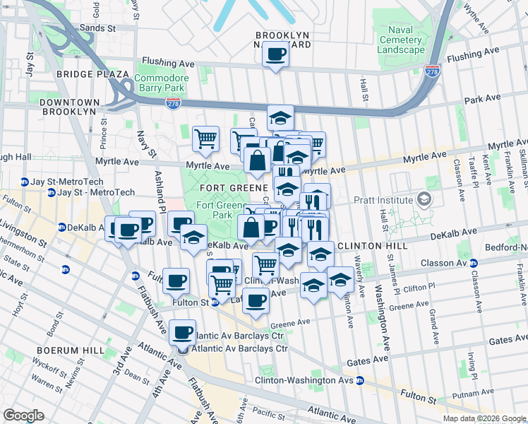 map of restaurants, bars, coffee shops, grocery stores, and more near 242 Carlton Avenue in Brooklyn