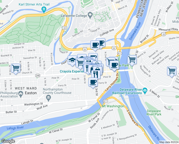 map of restaurants, bars, coffee shops, grocery stores, and more near 4 North Bank Street in Easton