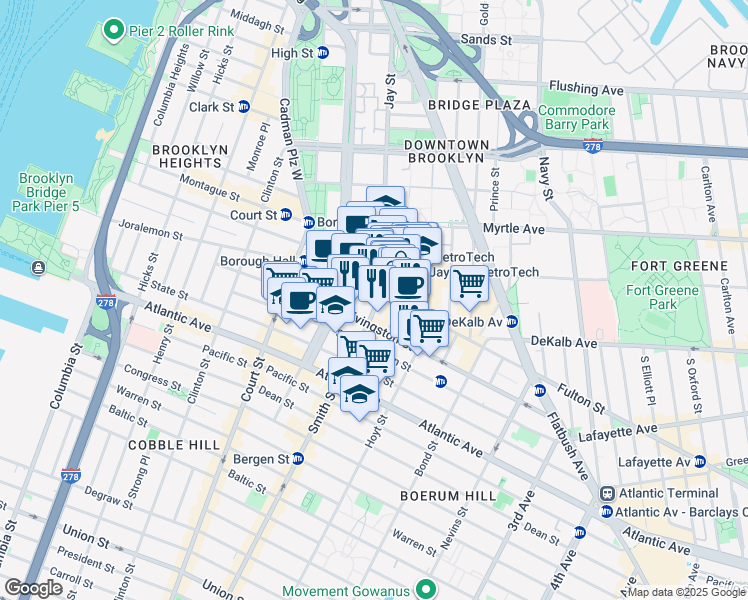 map of restaurants, bars, coffee shops, grocery stores, and more near 380 Fulton Street in Brooklyn