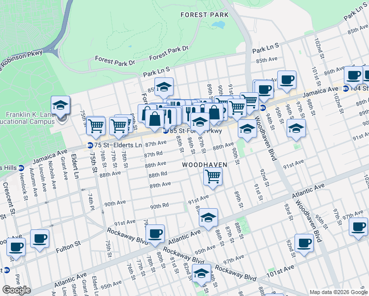 map of restaurants, bars, coffee shops, grocery stores, and more near 87-23 85th Street in Queens