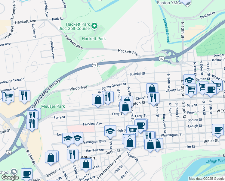 map of restaurants, bars, coffee shops, grocery stores, and more near 103 North Wright Street in Easton