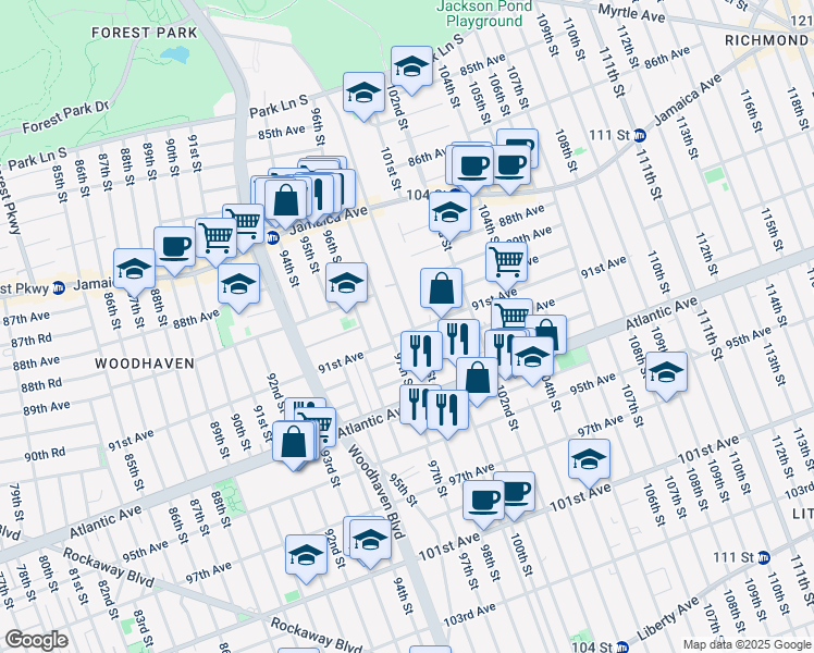 map of restaurants, bars, coffee shops, grocery stores, and more near 89-44 98th Street in Queens