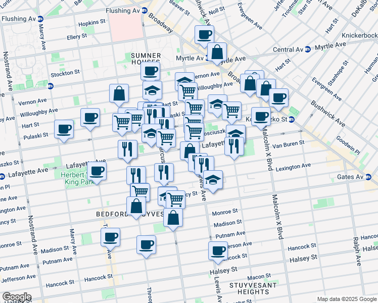 map of restaurants, bars, coffee shops, grocery stores, and more near 2 Van Buren Street in Brooklyn