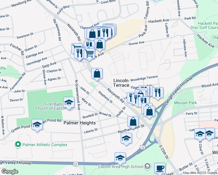map of restaurants, bars, coffee shops, grocery stores, and more near 2733 Nazareth Road in Easton