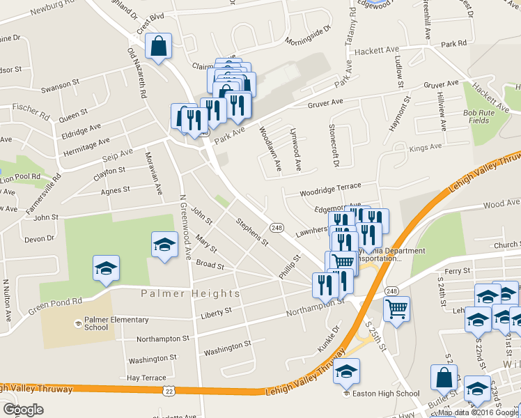 map of restaurants, bars, coffee shops, grocery stores, and more near 2733 Nazareth Road in Easton