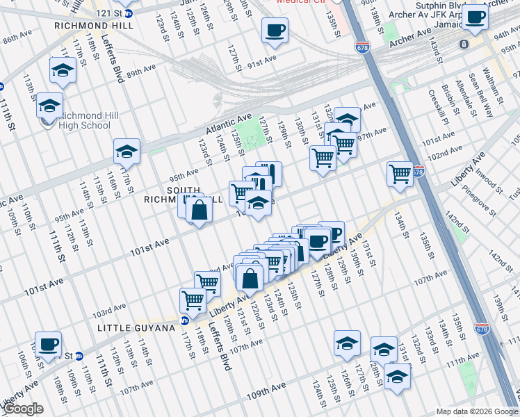 map of restaurants, bars, coffee shops, grocery stores, and more near in Queens