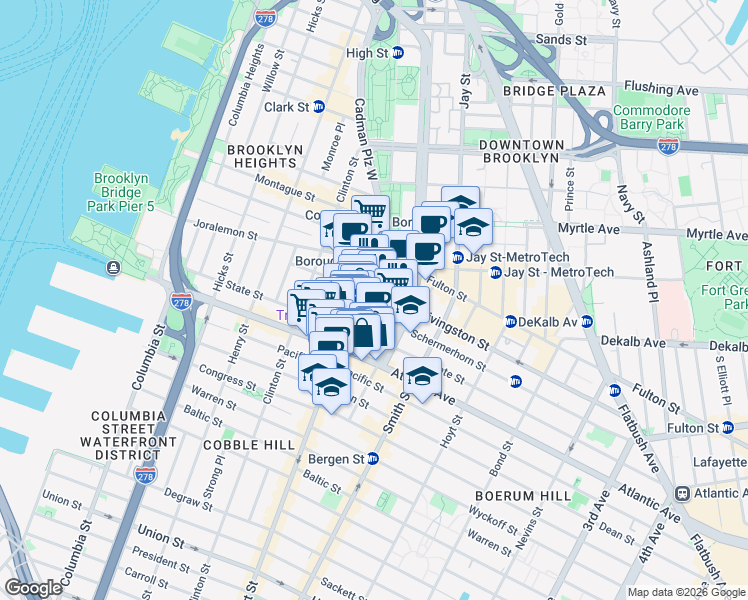map of restaurants, bars, coffee shops, grocery stores, and more near 84 Livingston Street in Brooklyn