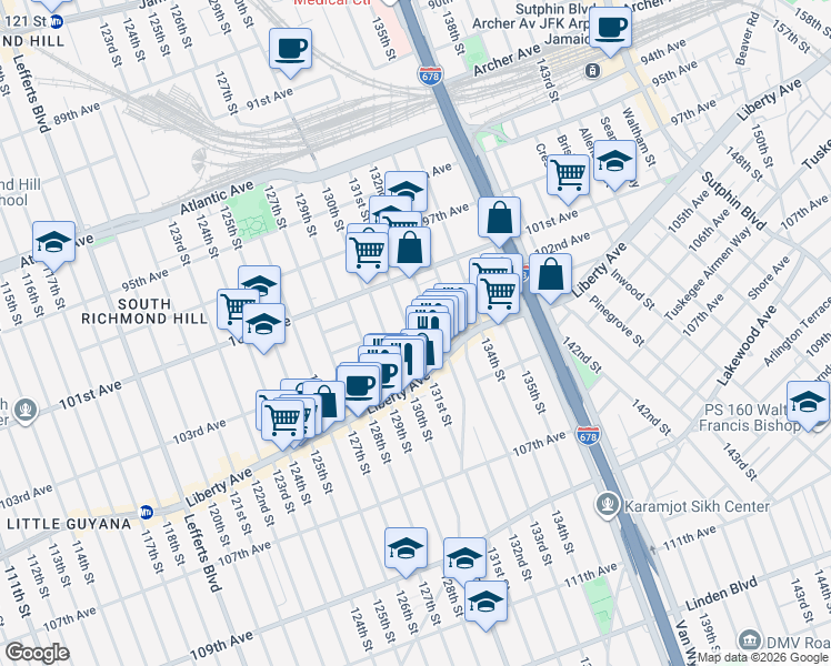 map of restaurants, bars, coffee shops, grocery stores, and more near 103-07 131st Street in Queens