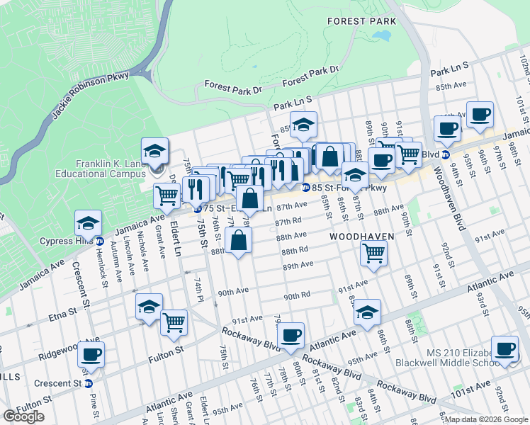 map of restaurants, bars, coffee shops, grocery stores, and more near 78-12 87th Road in Queens