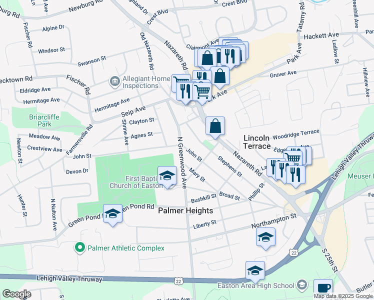 map of restaurants, bars, coffee shops, grocery stores, and more near 2850 John Street in Easton