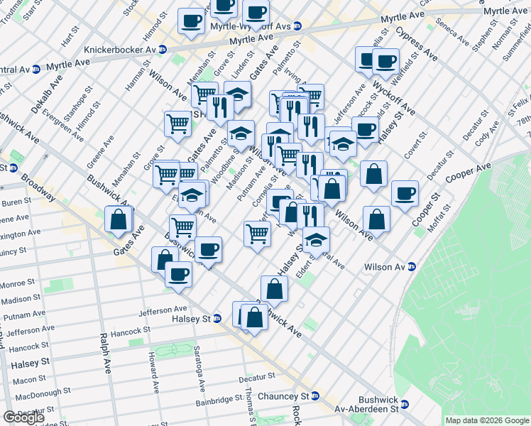 map of restaurants, bars, coffee shops, grocery stores, and more near 1225 Jefferson Avenue in Brooklyn