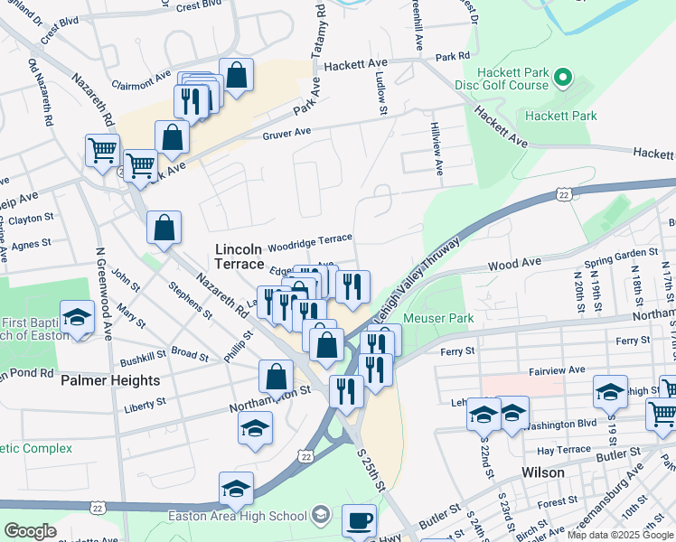 map of restaurants, bars, coffee shops, grocery stores, and more near 2350 Edgemore Avenue in Easton