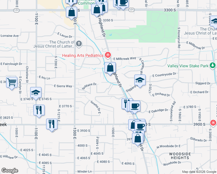 map of restaurants, bars, coffee shops, grocery stores, and more near 1495 Vineyard Court in Salt Lake City