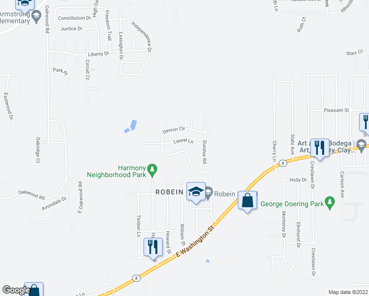 map of restaurants, bars, coffee shops, grocery stores, and more near 128 Devron Circle in East Peoria