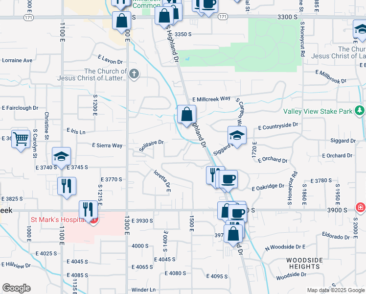 map of restaurants, bars, coffee shops, grocery stores, and more near 1450 Foxboro Drive in Millcreek