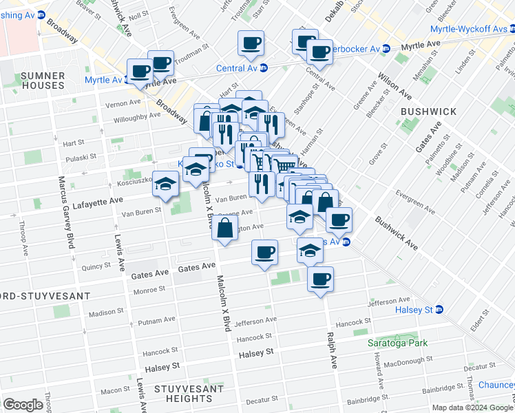 map of restaurants, bars, coffee shops, grocery stores, and more near in Brooklyn