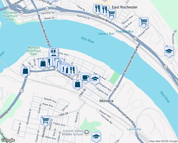 map of restaurants, bars, coffee shops, grocery stores, and more near 1294 Atlantic Avenue in Monaca