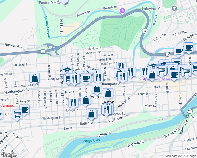 map of restaurants, bars, coffee shops, grocery stores, and more near 111 North 10th Street in Easton