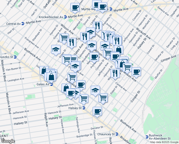 map of restaurants, bars, coffee shops, grocery stores, and more near 1226 Putnam Avenue in Brooklyn