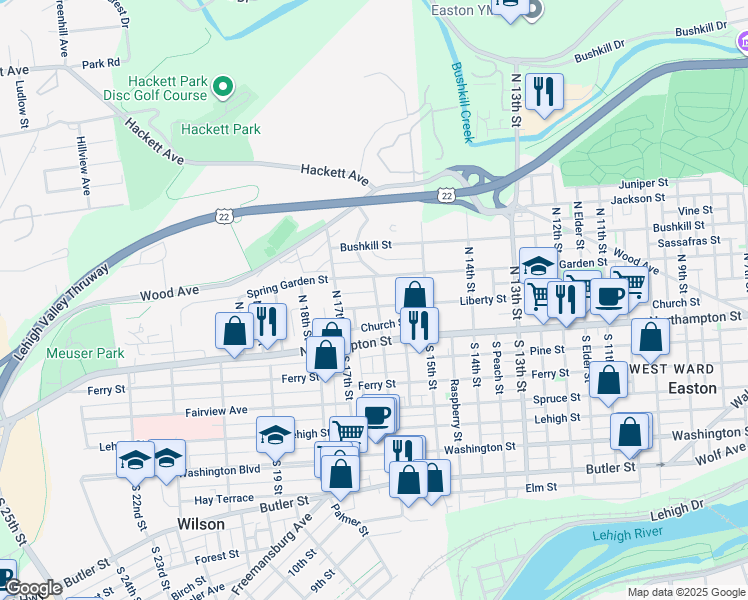 map of restaurants, bars, coffee shops, grocery stores, and more near 1601 Liberty Street in Easton