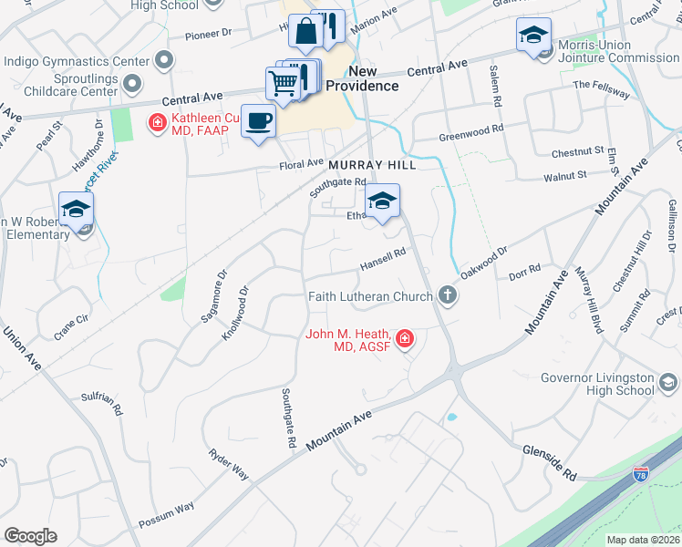 map of restaurants, bars, coffee shops, grocery stores, and more near 24 Elizabeth Court in New Providence