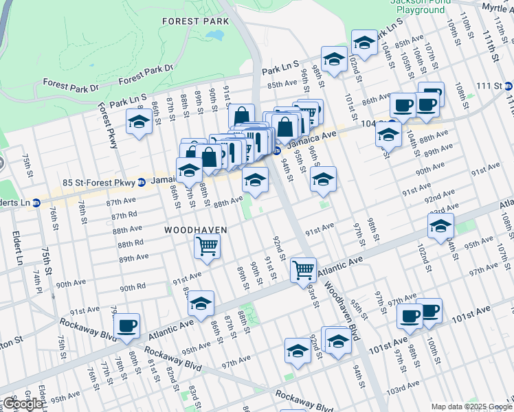 map of restaurants, bars, coffee shops, grocery stores, and more near 91-02 88th Avenue in Queens