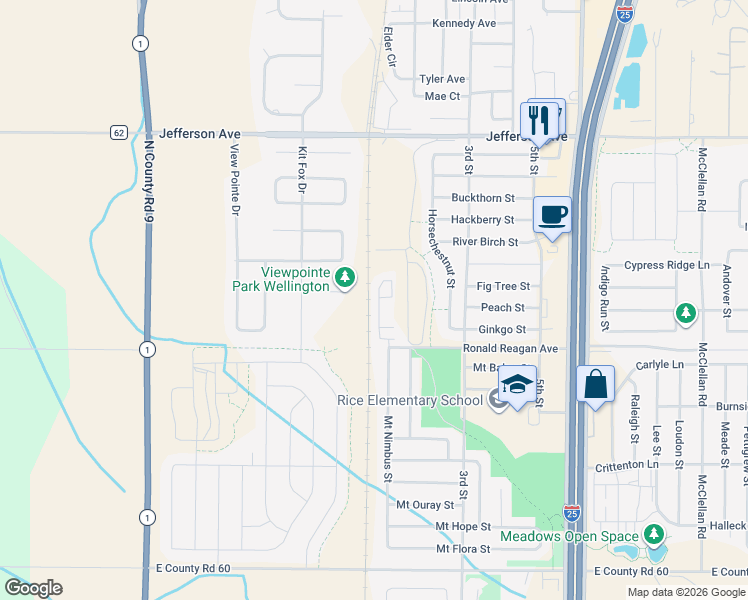 map of restaurants, bars, coffee shops, grocery stores, and more near 5111 County Road 62 in Wellington