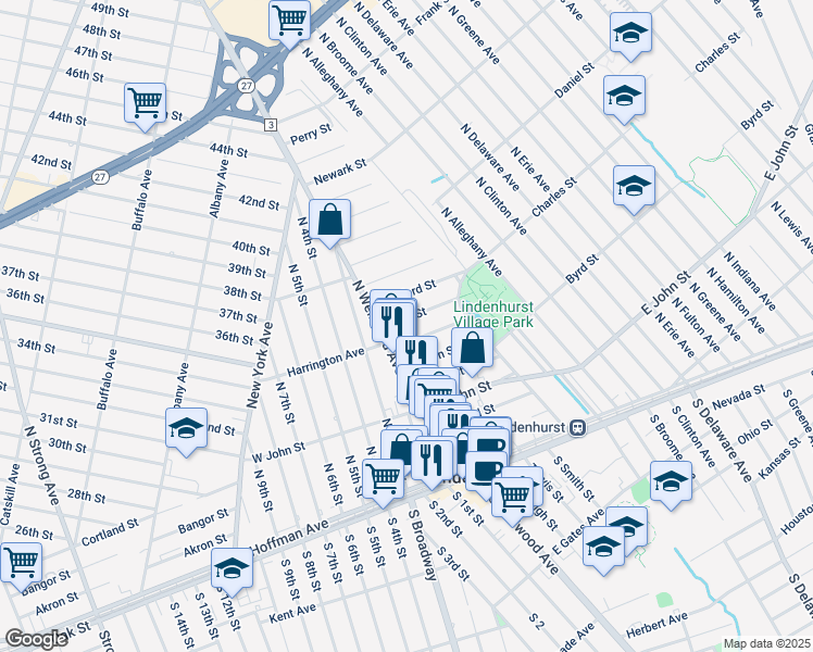 map of restaurants, bars, coffee shops, grocery stores, and more near 36 Gary Street in Lindenhurst