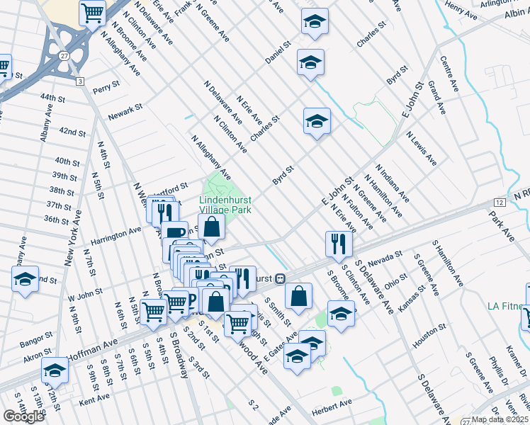 map of restaurants, bars, coffee shops, grocery stores, and more near 90 Byrd Street in Lindenhurst