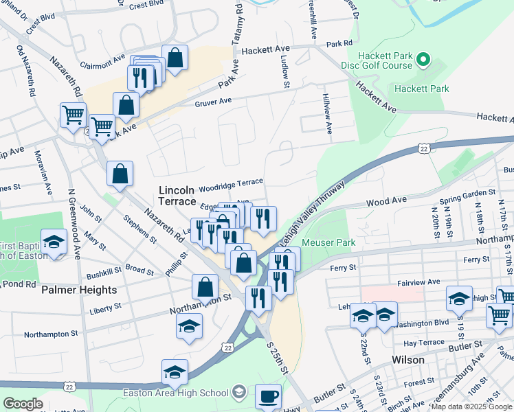 map of restaurants, bars, coffee shops, grocery stores, and more near 2348 Edgemore Avenue in Easton