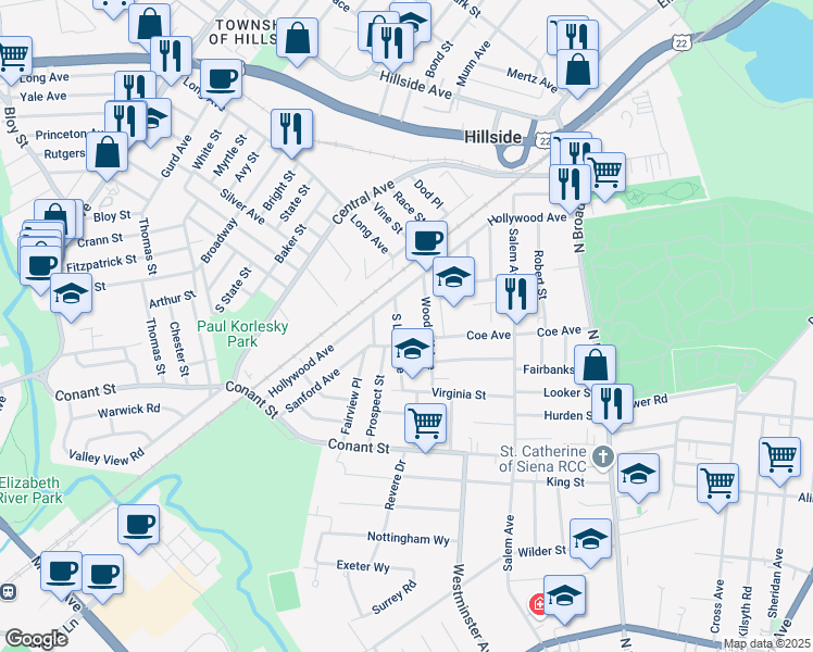 map of restaurants, bars, coffee shops, grocery stores, and more near 1233 South Long Avenue in Hillside
