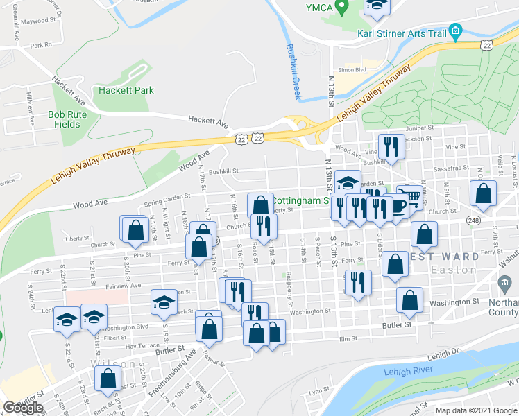 map of restaurants, bars, coffee shops, grocery stores, and more near 1511 Liberty Street in Easton