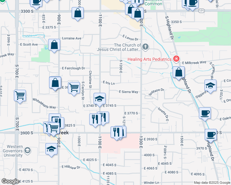 map of restaurants, bars, coffee shops, grocery stores, and more near 1170 East Sierra Way in Millcreek