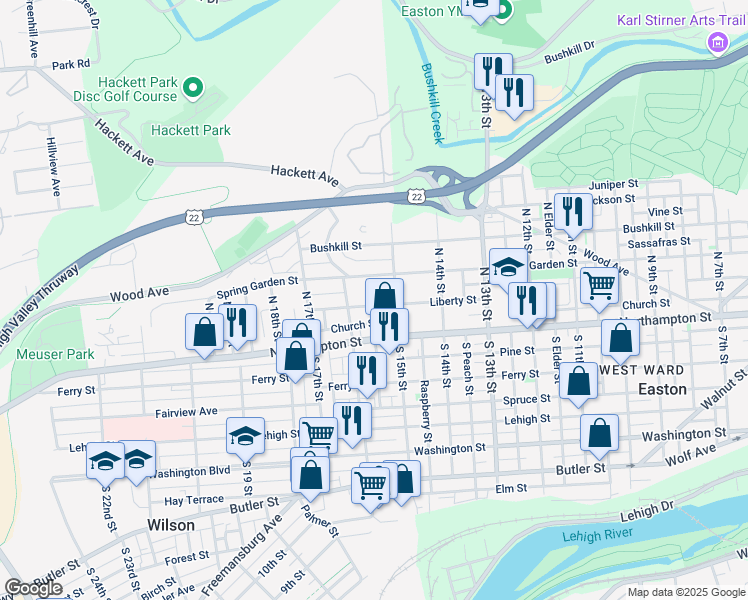 map of restaurants, bars, coffee shops, grocery stores, and more near 1523 Liberty Street in Easton