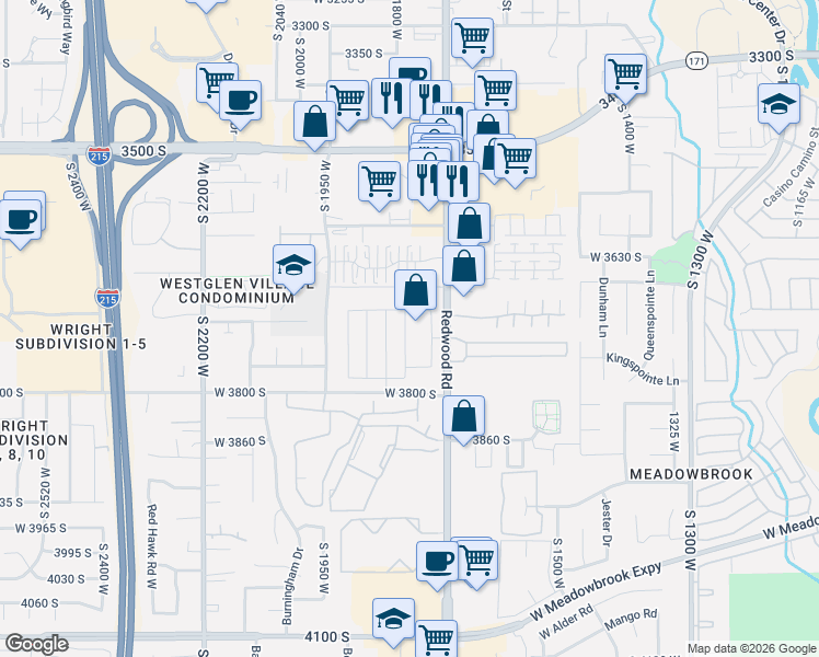 map of restaurants, bars, coffee shops, grocery stores, and more near 3672 South Redwood Road in West Valley City