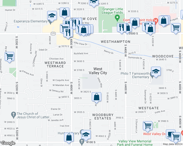 map of restaurants, bars, coffee shops, grocery stores, and more near 4634 Harman Drive in West Valley City
