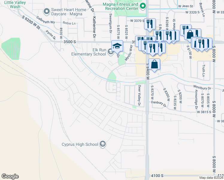 map of restaurants, bars, coffee shops, grocery stores, and more near 8594 West Alvarado Court in Magna