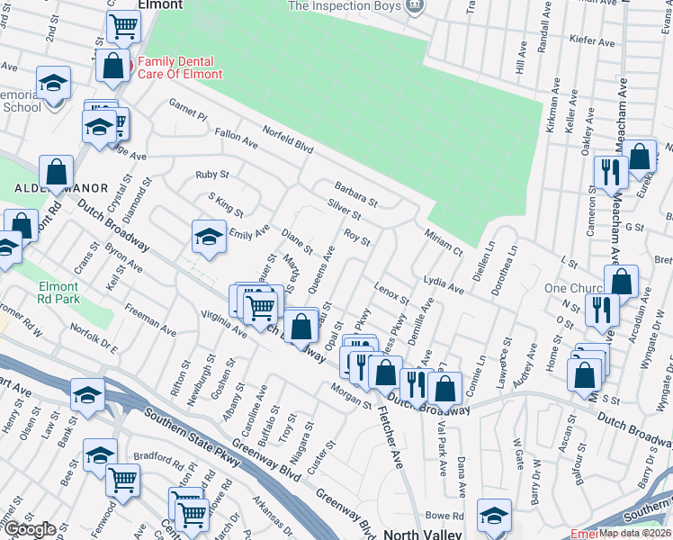 map of restaurants, bars, coffee shops, grocery stores, and more near 136 Nassau Street in Elmont