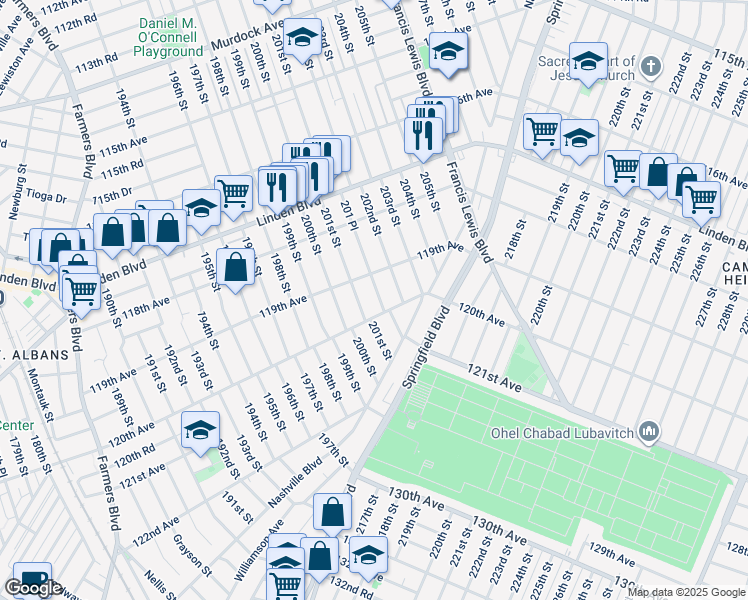 map of restaurants, bars, coffee shops, grocery stores, and more near 201-50 119th Avenue in Queens