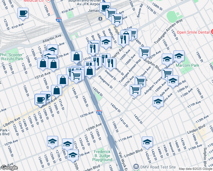 map of restaurants, bars, coffee shops, grocery stores, and more near 144-10 105th Avenue in Queens