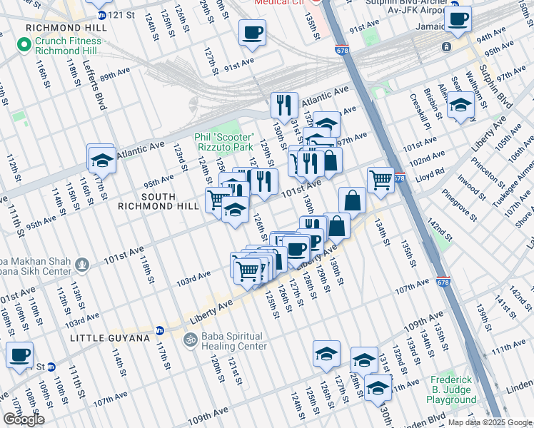 map of restaurants, bars, coffee shops, grocery stores, and more near 126-13 101st Avenue in Queens